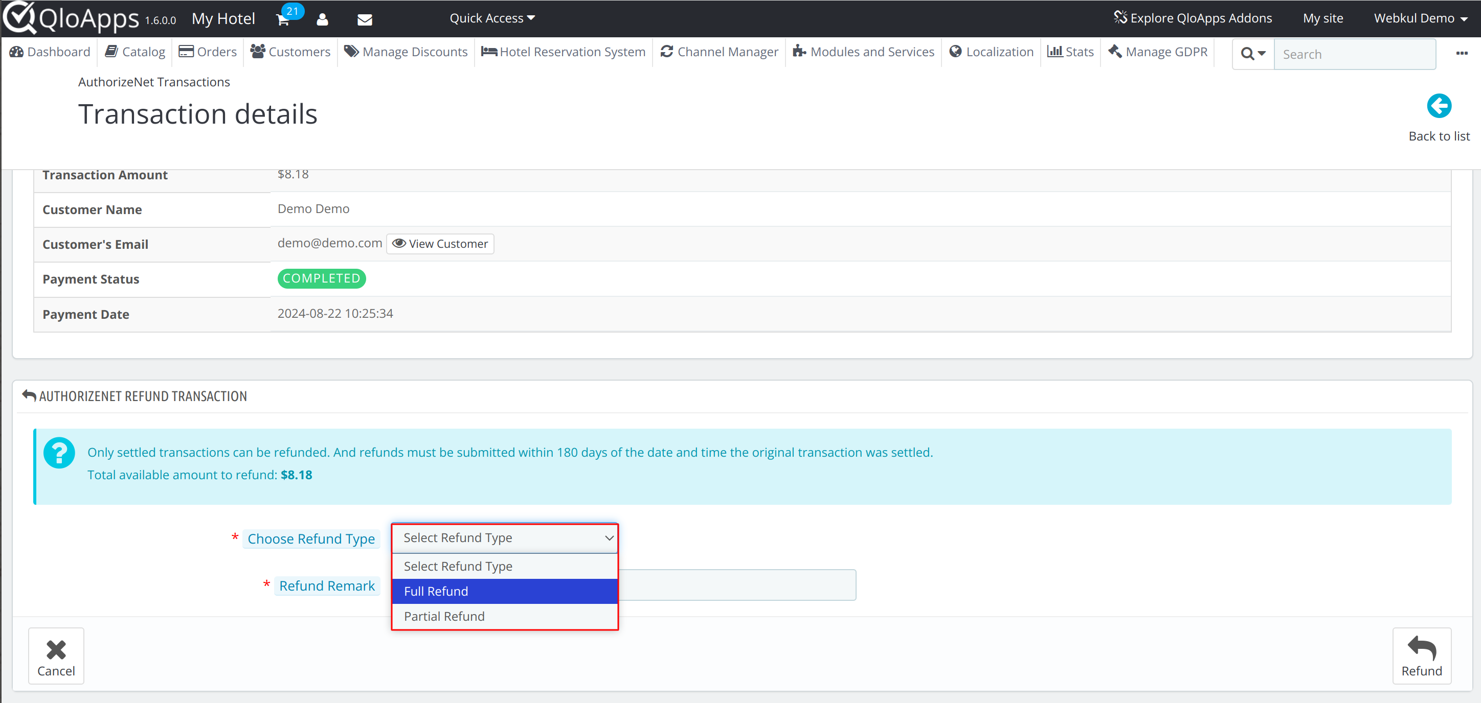 Refund option in authorize.net transactions