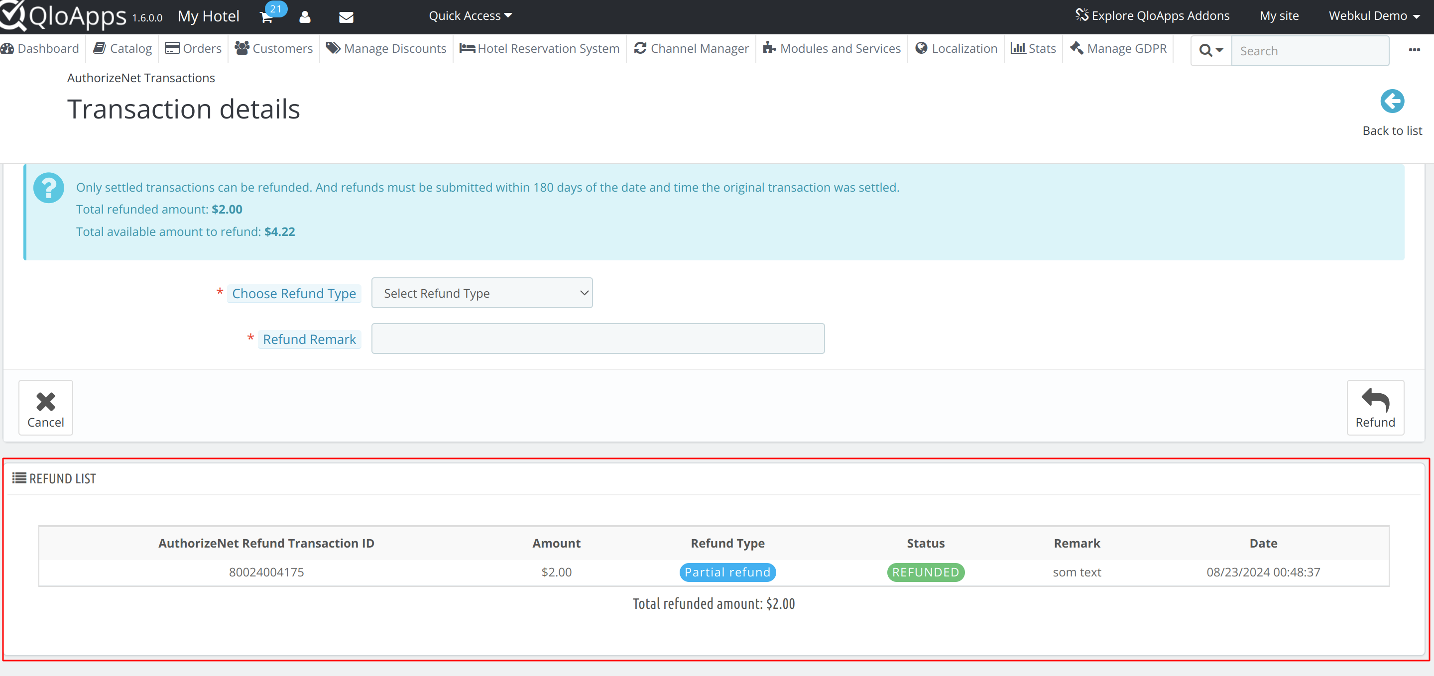 Refund details in authorize.net transactions