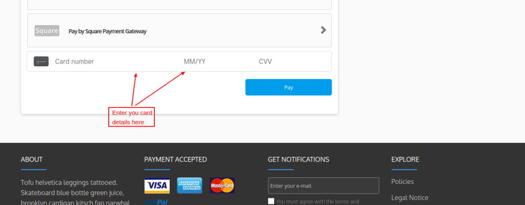 sqaure payment gateway option on checkout page of Qloapp website