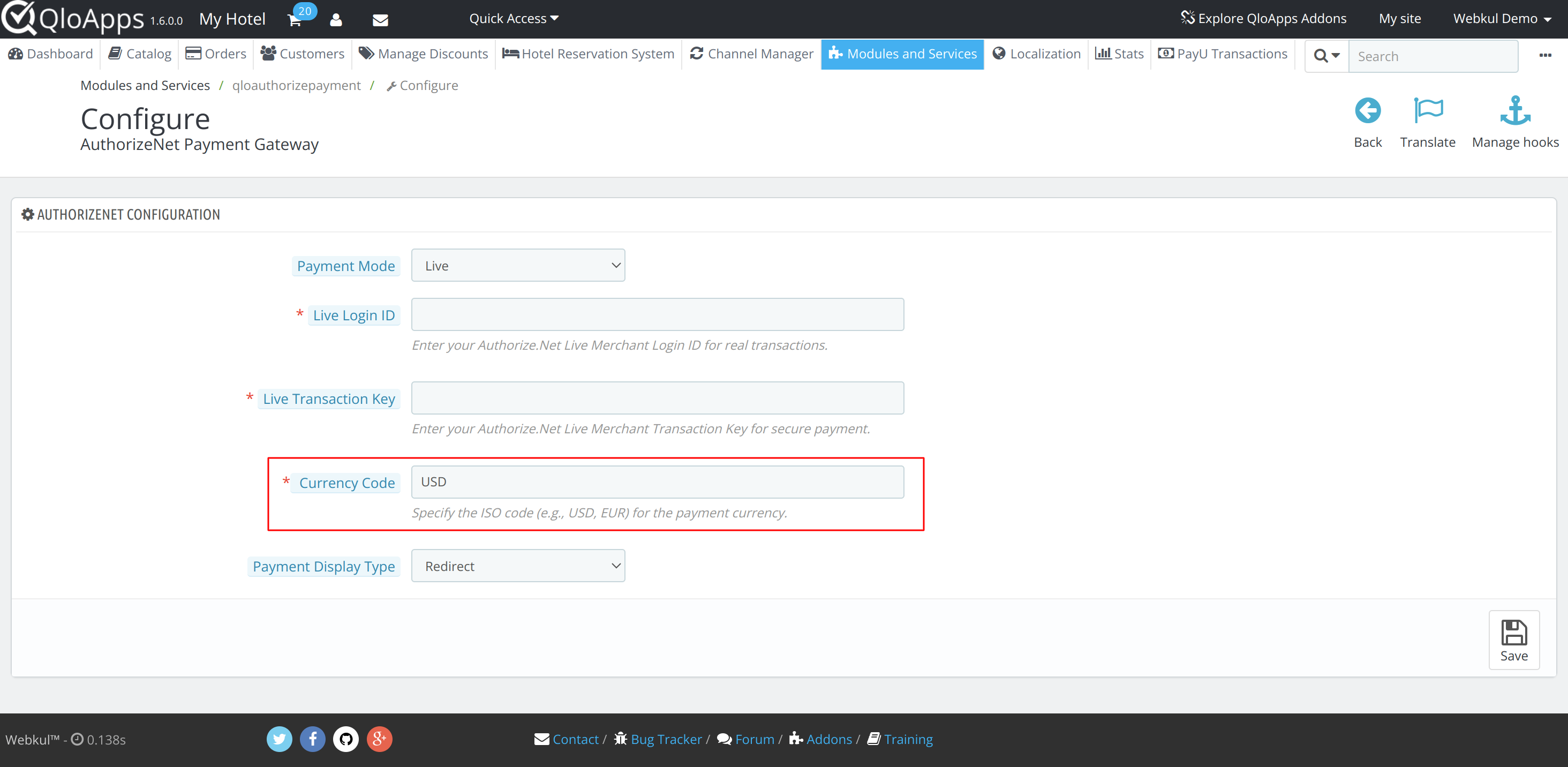 currency code option in Configuration of QloApps Authorize.Net Payment