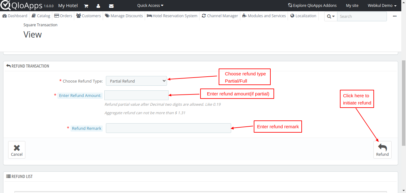 Refund option in square payment gateway