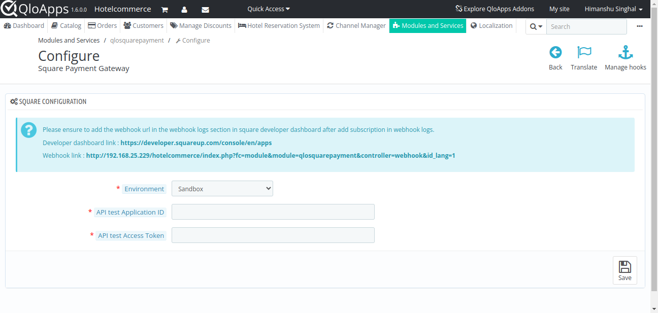 content in configuration page of square payment module 