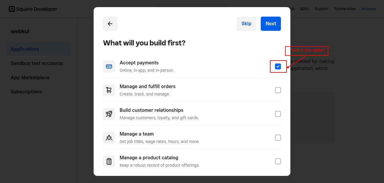 Choosing accept payments first