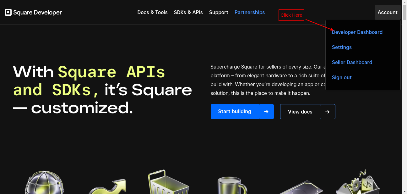 developer dashboard of square payments