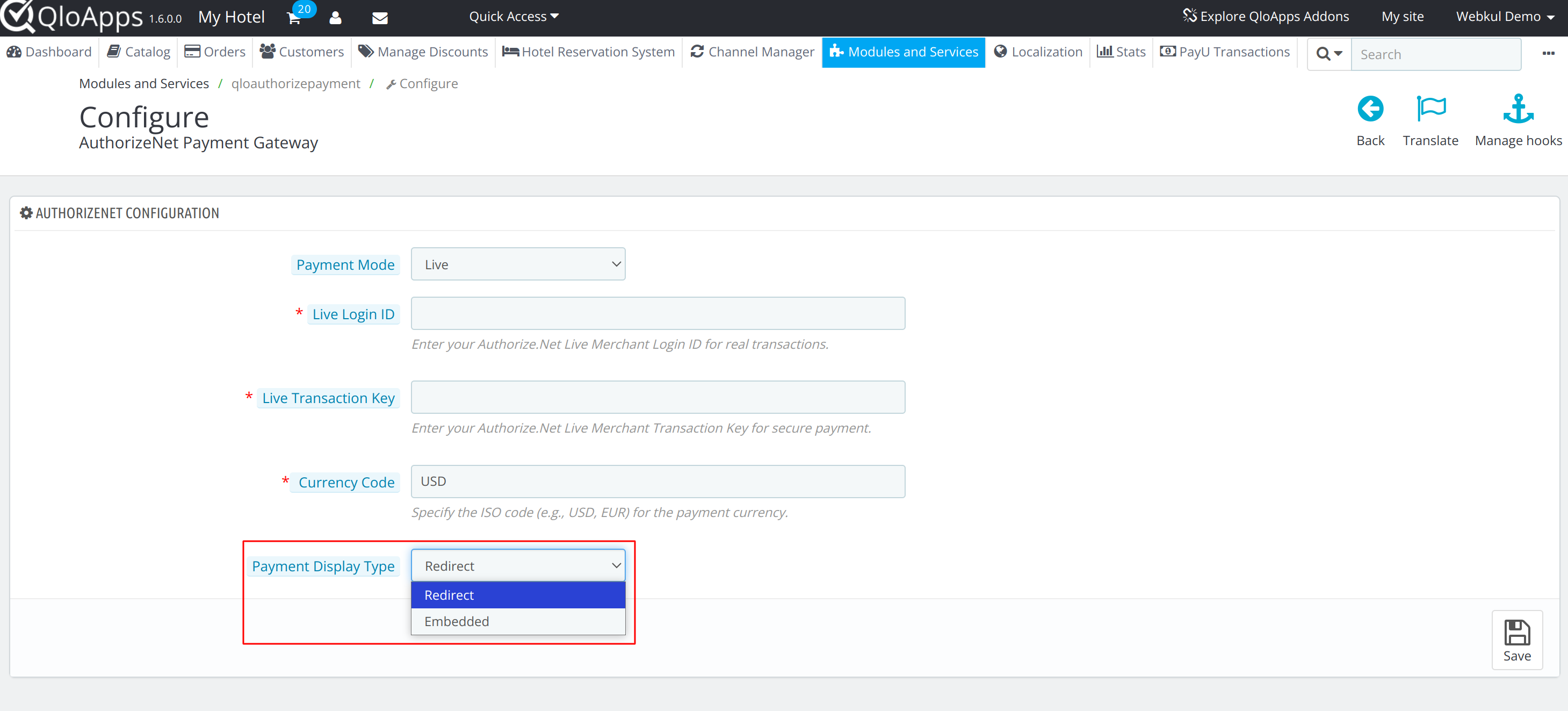 Payment Display Type option in Configuration of QloApps Authorize.Net Payment