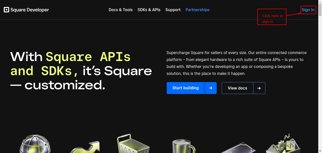 Home page of square developer 