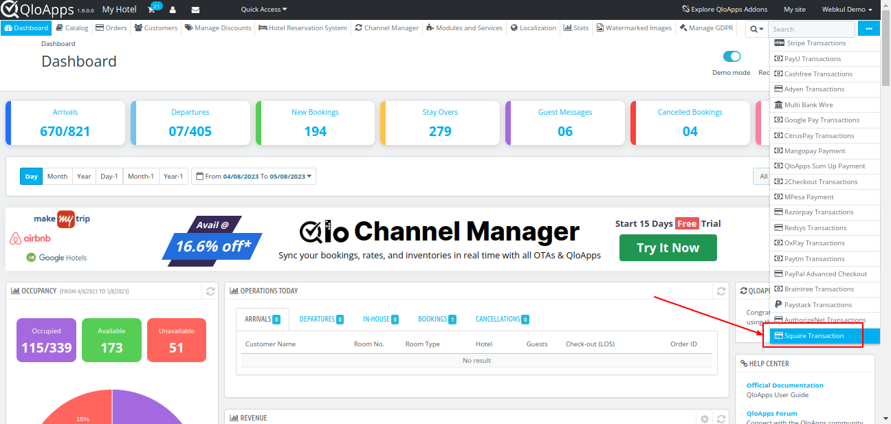 Square payment gateway on dashboard