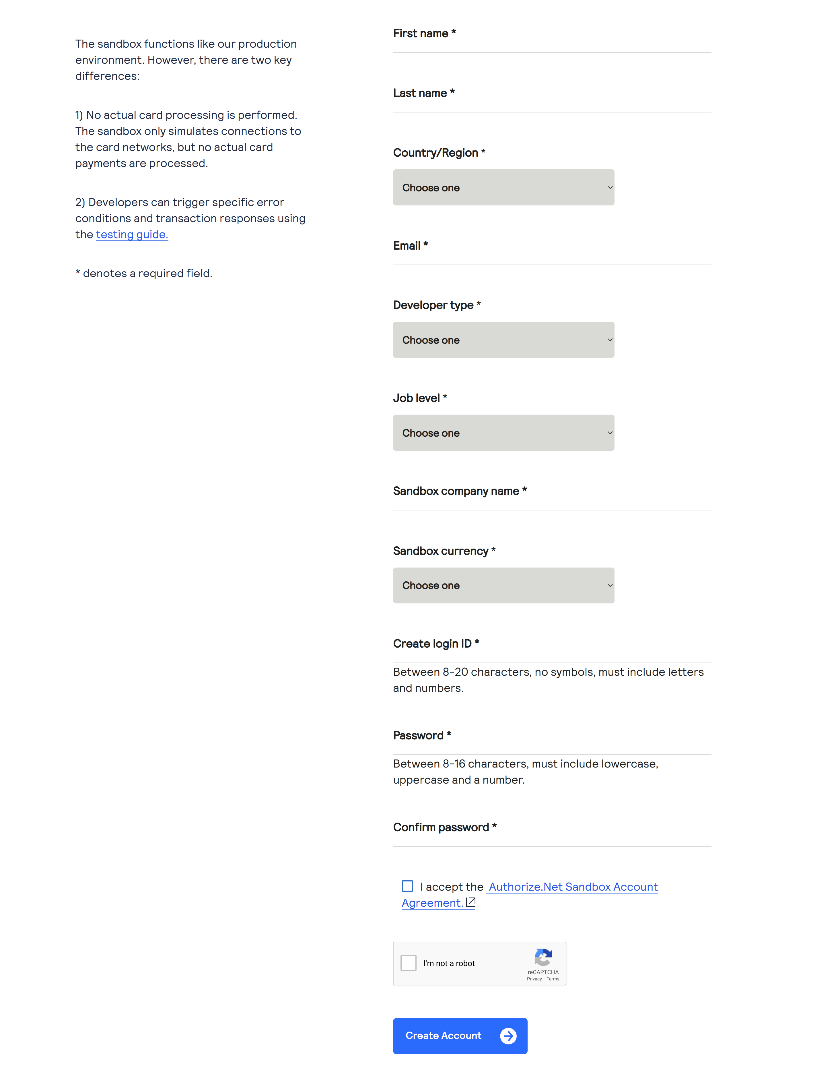 Form to create sandbox account on Authorize.Net Payment website