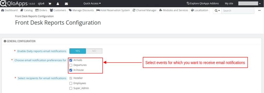 QloApps Front Desk Reports, Email Notification preferences