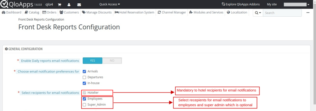 QloApps Front Desk Reports, Select recipients for email notifications