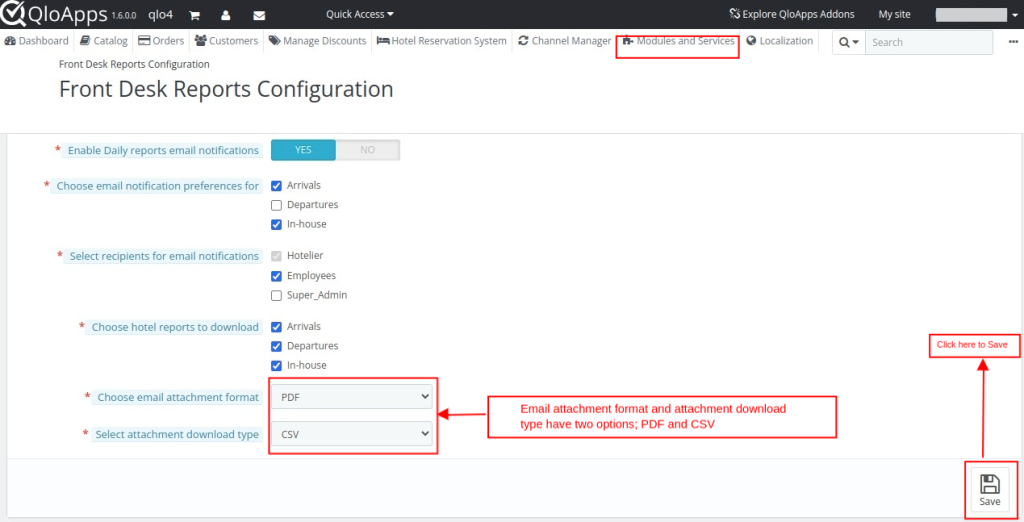 
-Email attachment format and attachment download type:PDF and CSV.
- Click to save