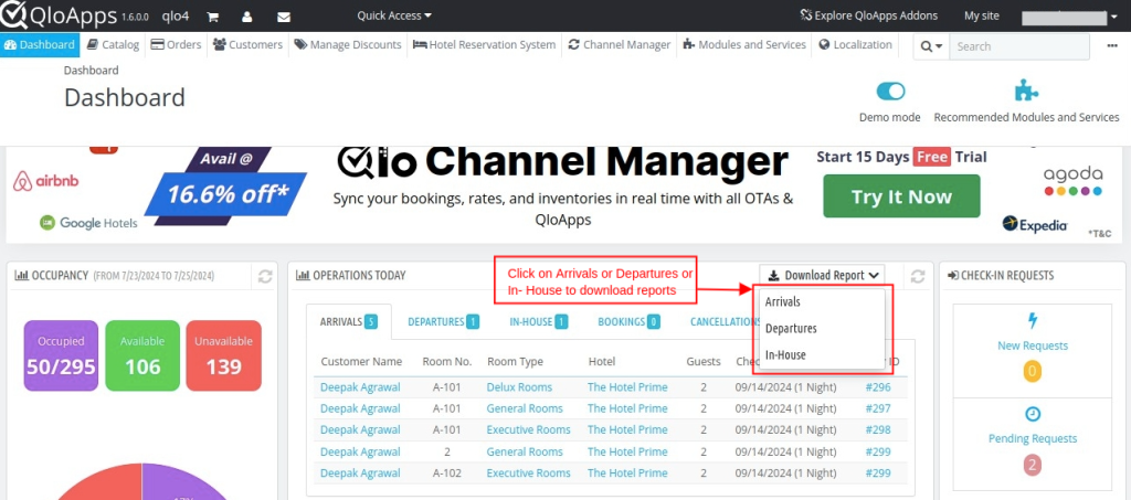 QloApps Front Desk Reports, Click on Arrivals, departures or In-House to download reports