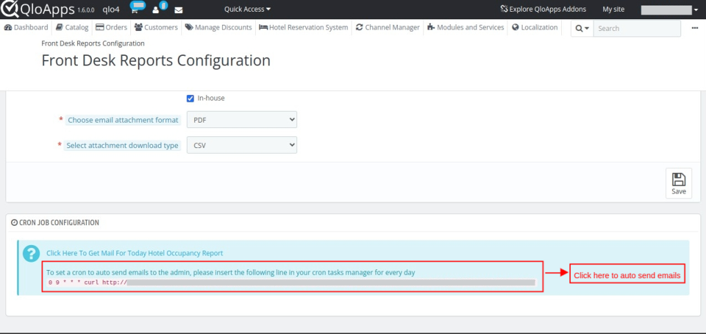 cron job configuration is for sending daily report to admin after clicking on link