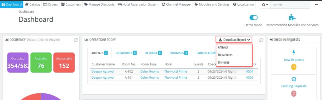 Front Desk Reports module allows you to download reports of Arrivals, Departures and In-house.