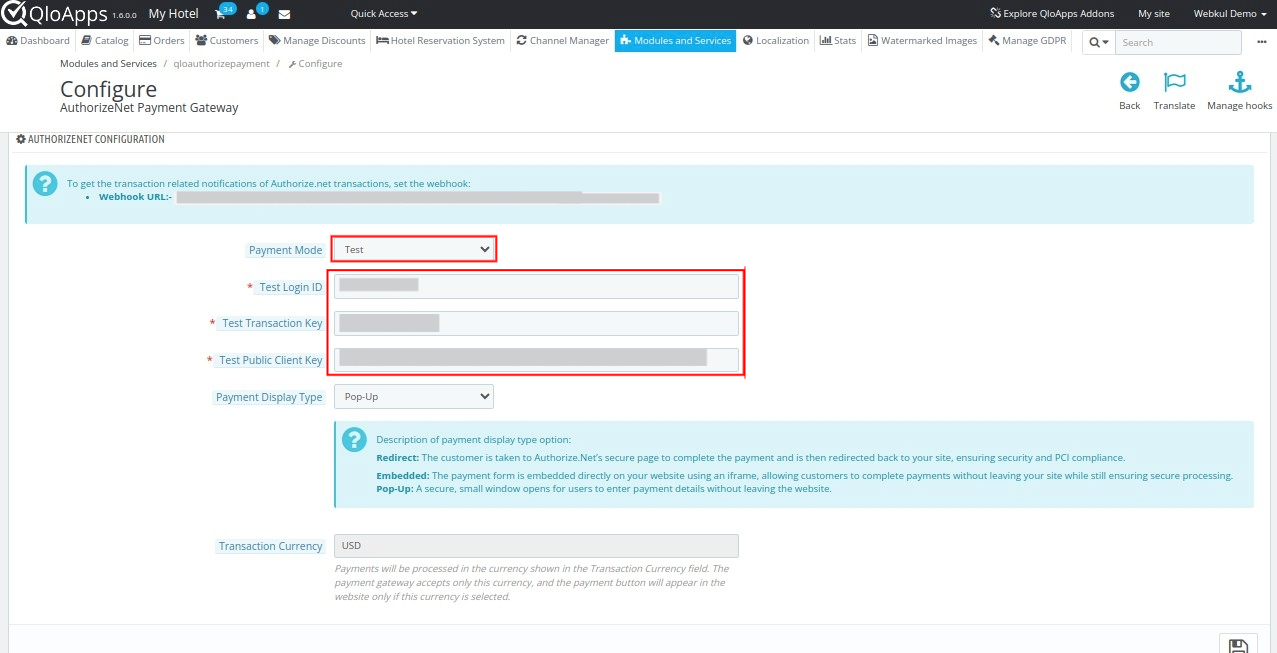 Test mode Configuration of QloApps Authorize.Net Payment