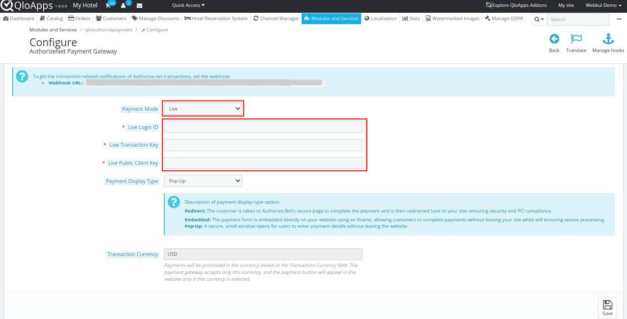 Live Mode Configuration of QloApps Authorize.Net Payment