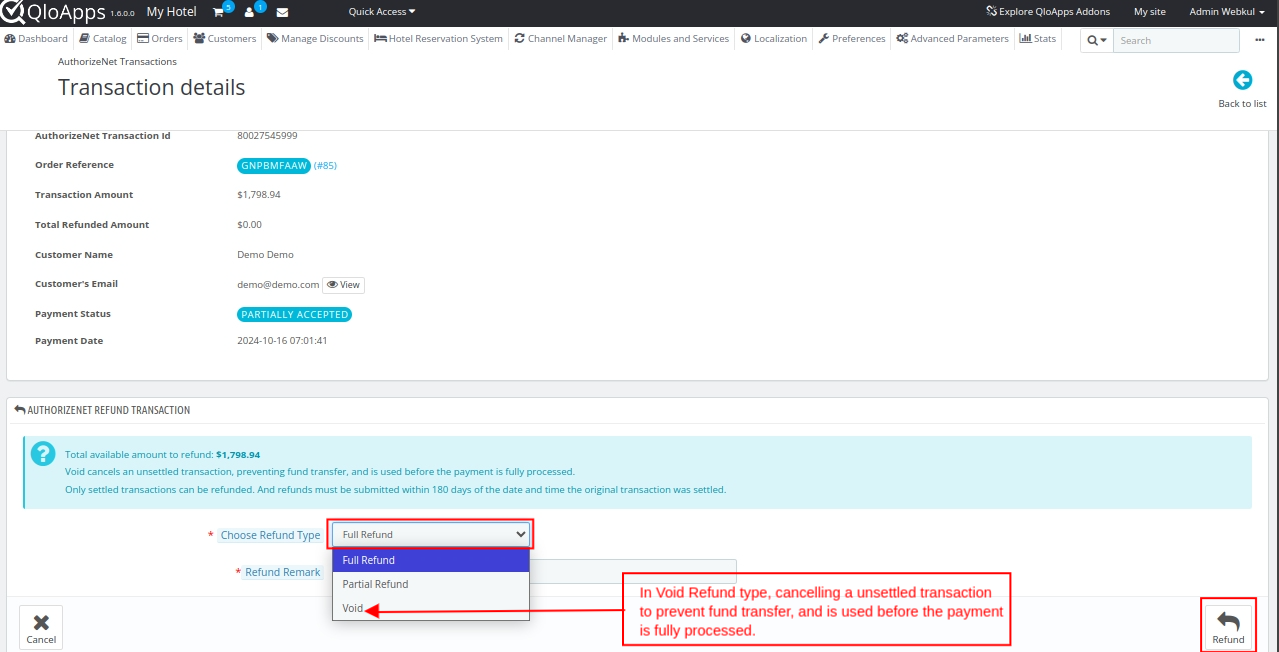 Refund option in authorize.net transactions