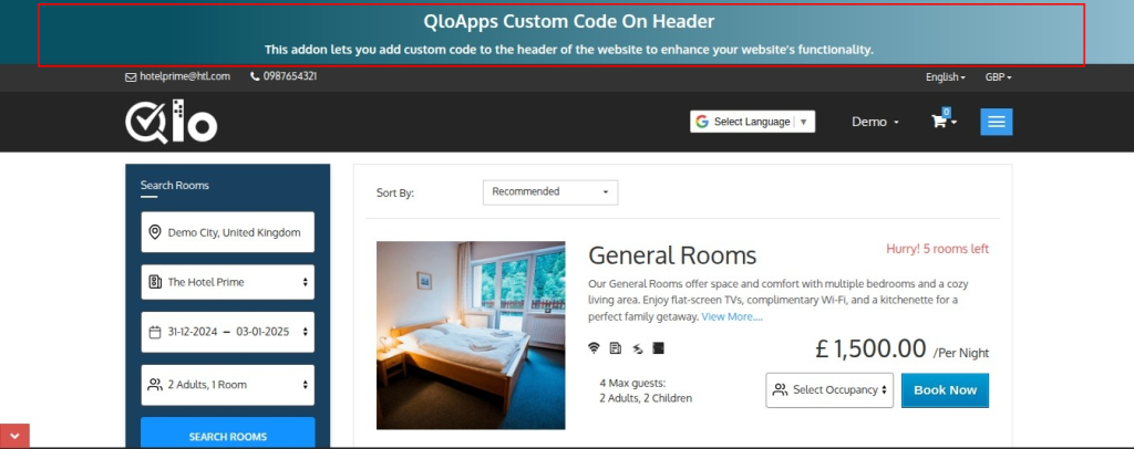 Frontend showing header on Rooms page