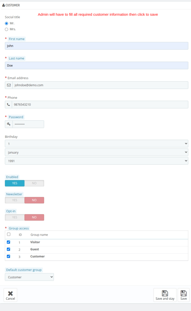 Customer form
