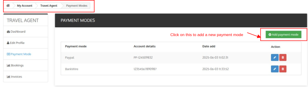 Payment mode by travel agent