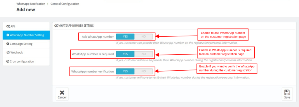 WhatsApp Number Setting
