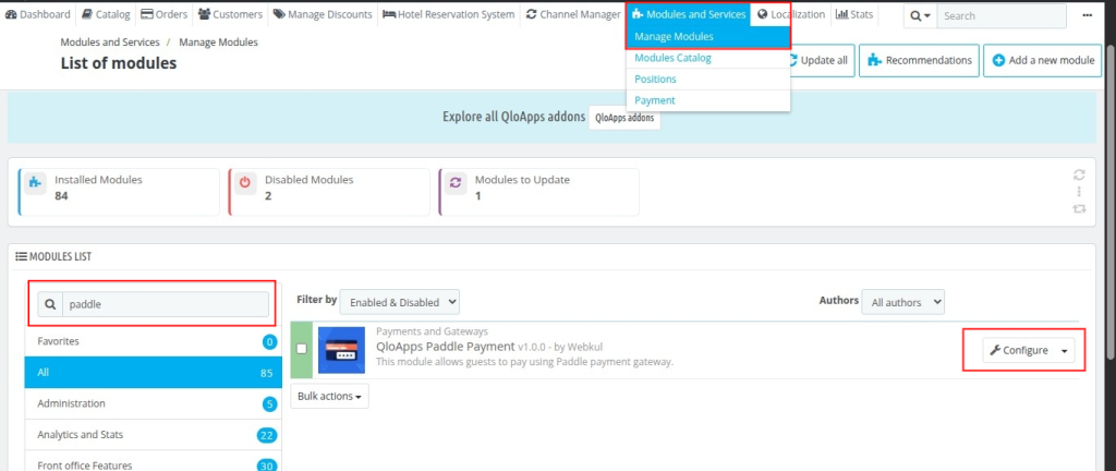 QloApps Paddle Payment Gateway module configure