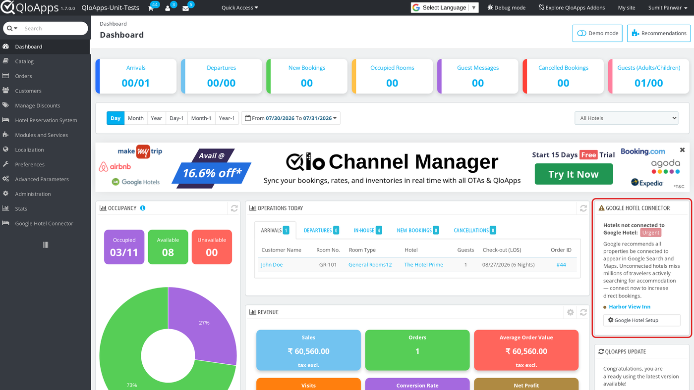 Google Hotel Connector widget on the Back Office dashboard