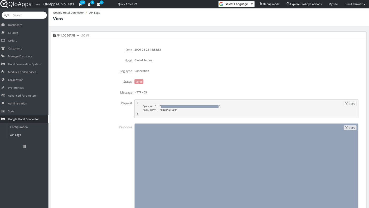 API log detail view showing the full request and response