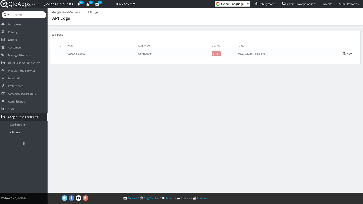 API Logs list, filterable by hotel, log type, status, and date