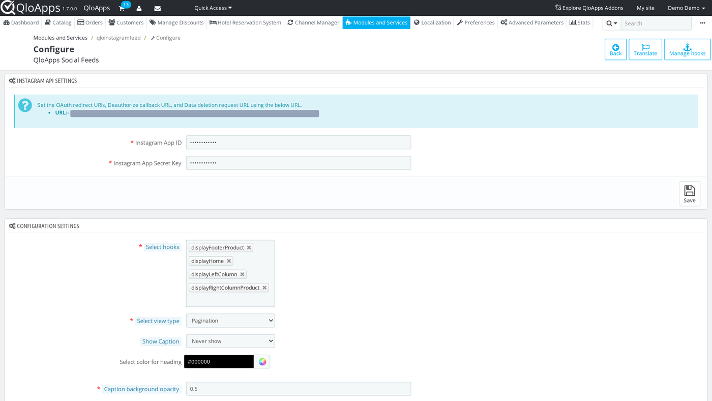 Instagram API Settings panel with OAuth redirect endpoint