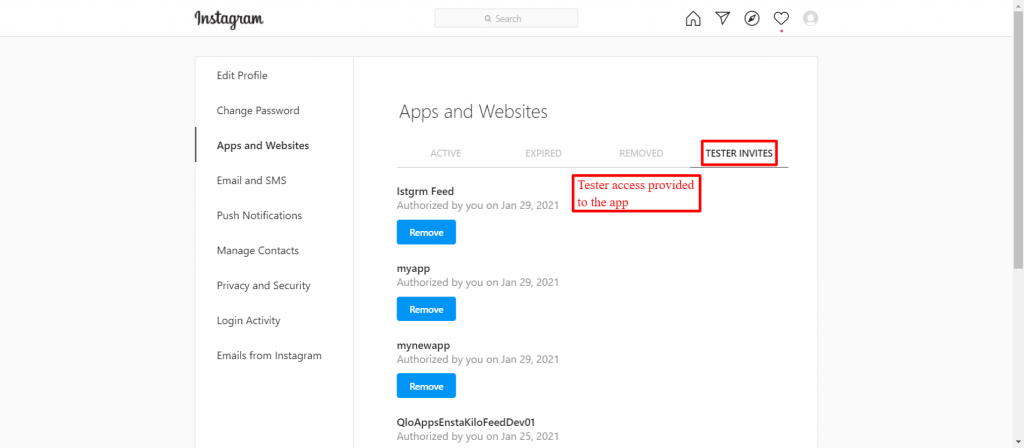 Accepting tester invitation in Instagram profile settings
