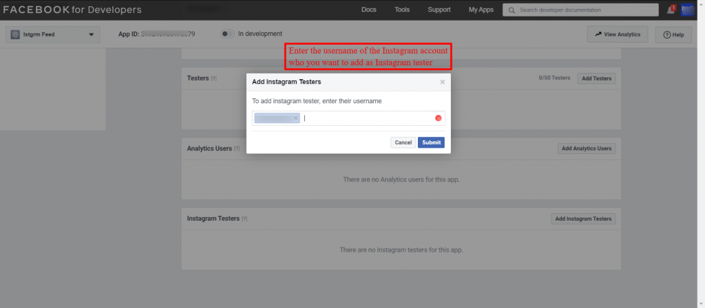 Adding an Instagram tester account in Meta App Roles