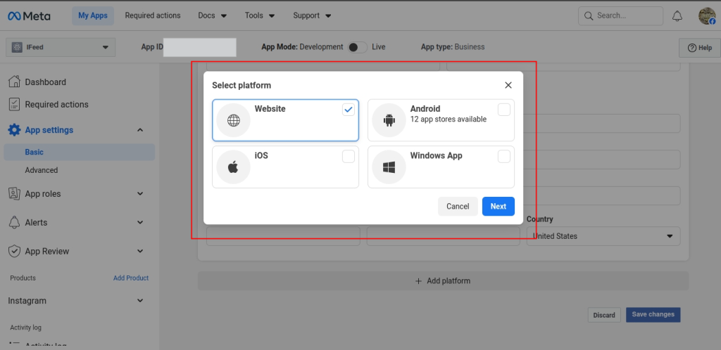 Selecting Website platform in Meta Developer settings