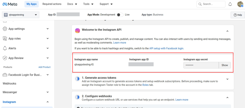 Locating Instagram App ID and App Secret in Meta Dashboard