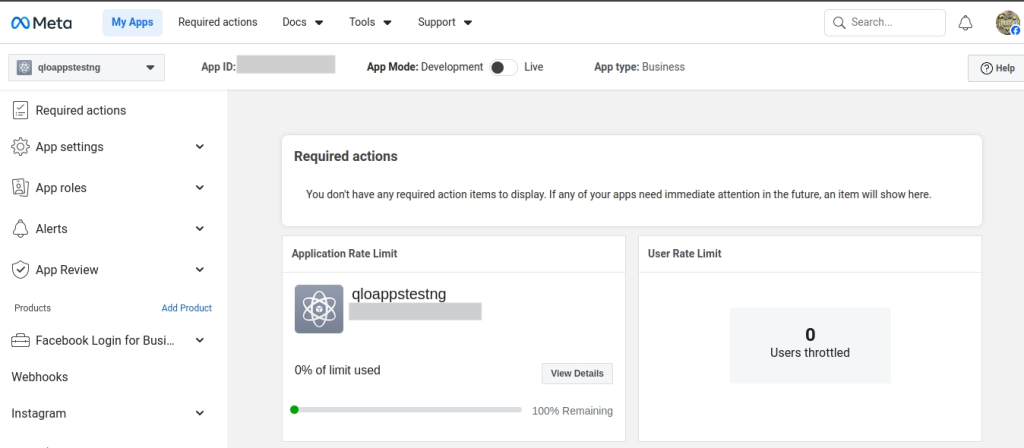 Meta application dashboard interface