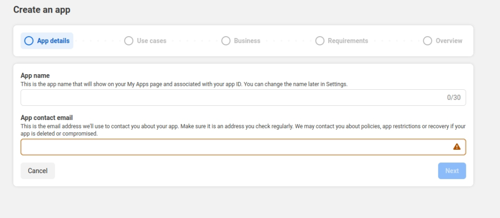 Configuring application name and contact email in Meta Developers