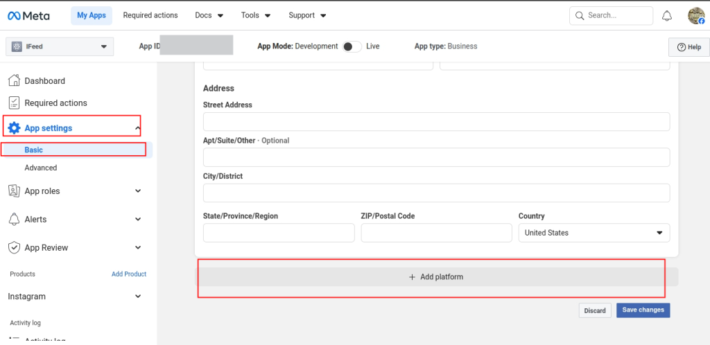 Navigating to Basic App Settings in Meta Developer dashboard