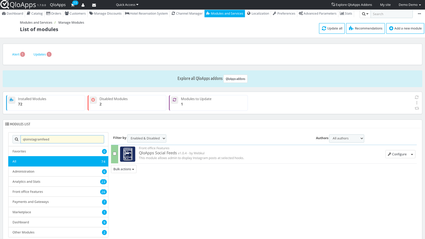 Installing QloApps Social Feeds in the Back Office Modules List