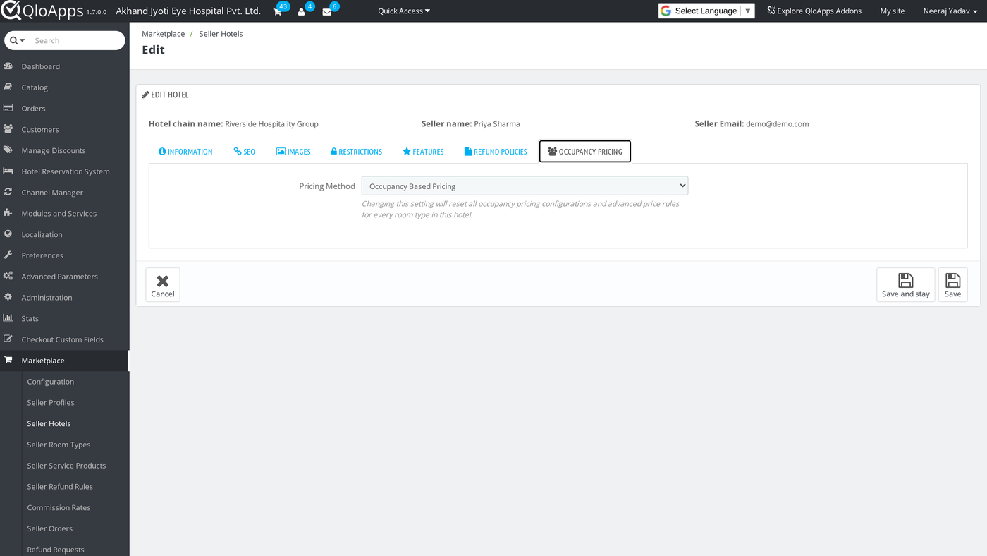 Setting a hotel's pricing method from the Back Office