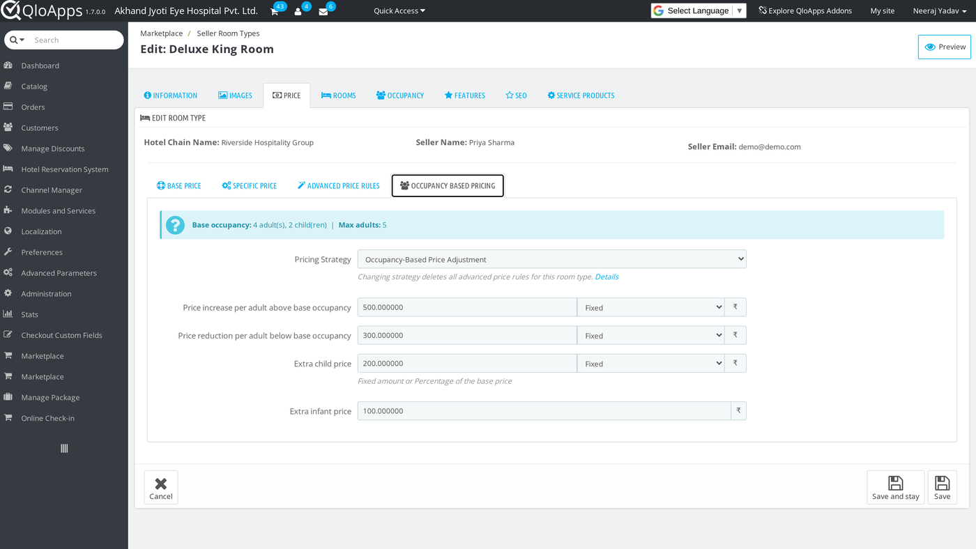 Setting a room type's pricing strategy from the Back Office