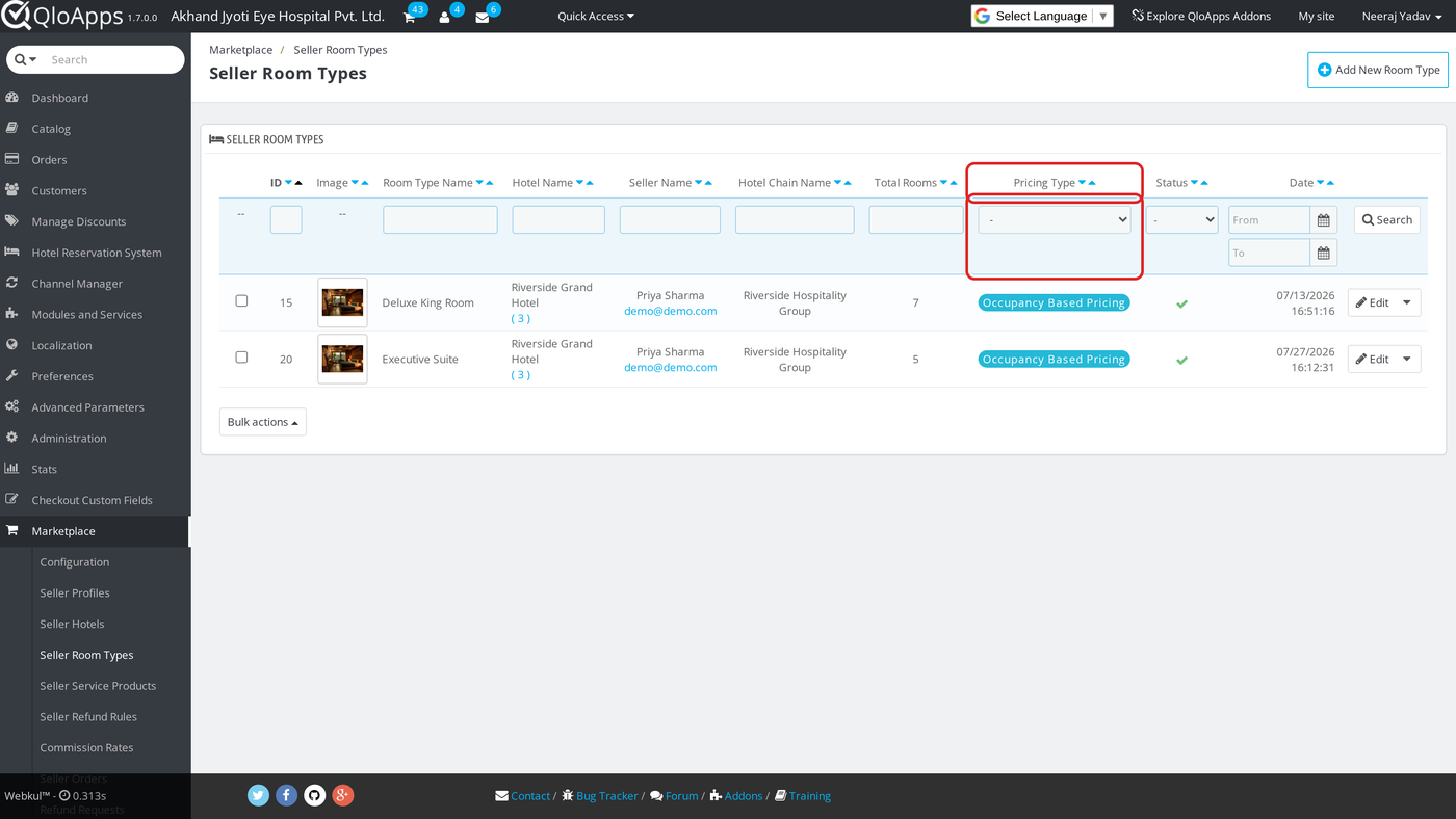 Pricing Type column on the Seller Room Types list