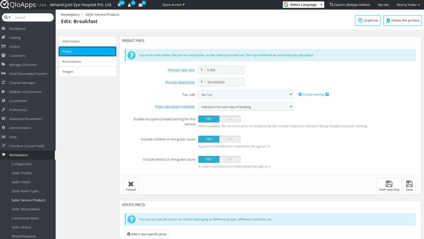 Enabling occupancy-based pricing on a service product from the Back Office