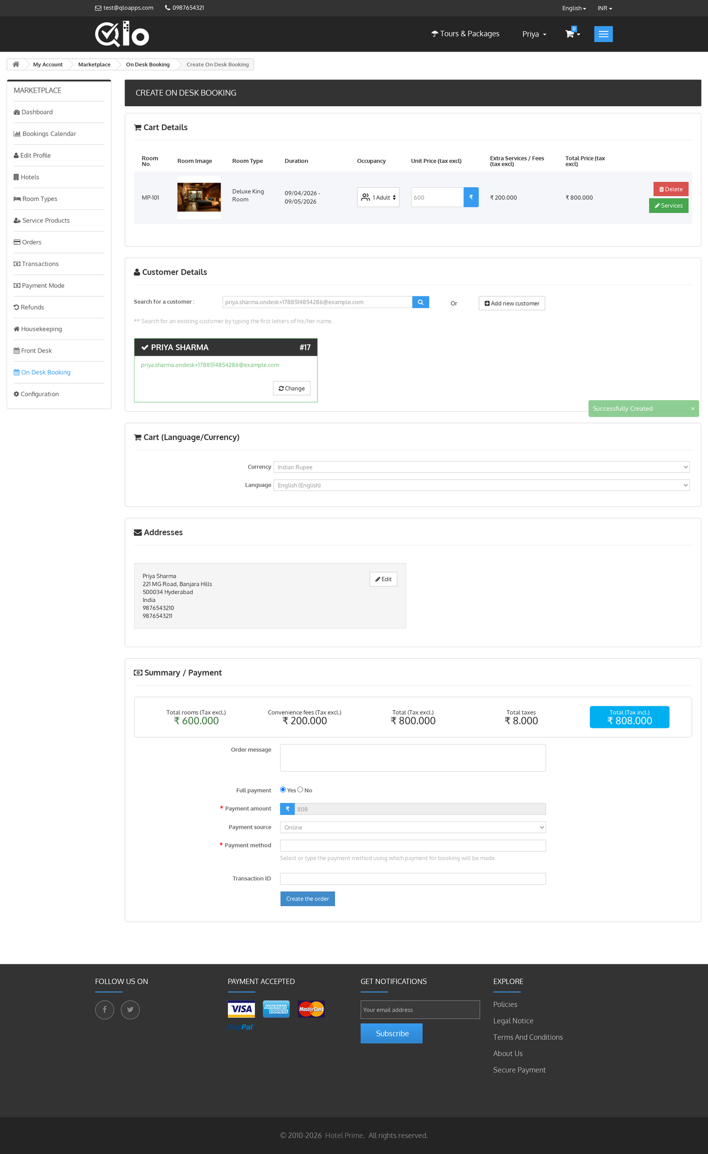 Address saved on the on-desk booking