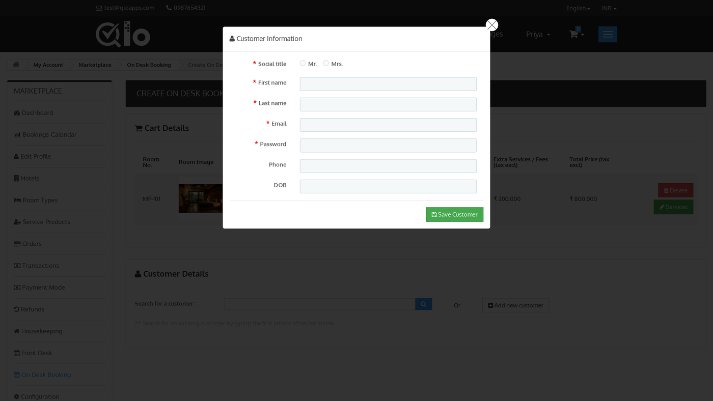 Adding a new customer for the on-desk booking