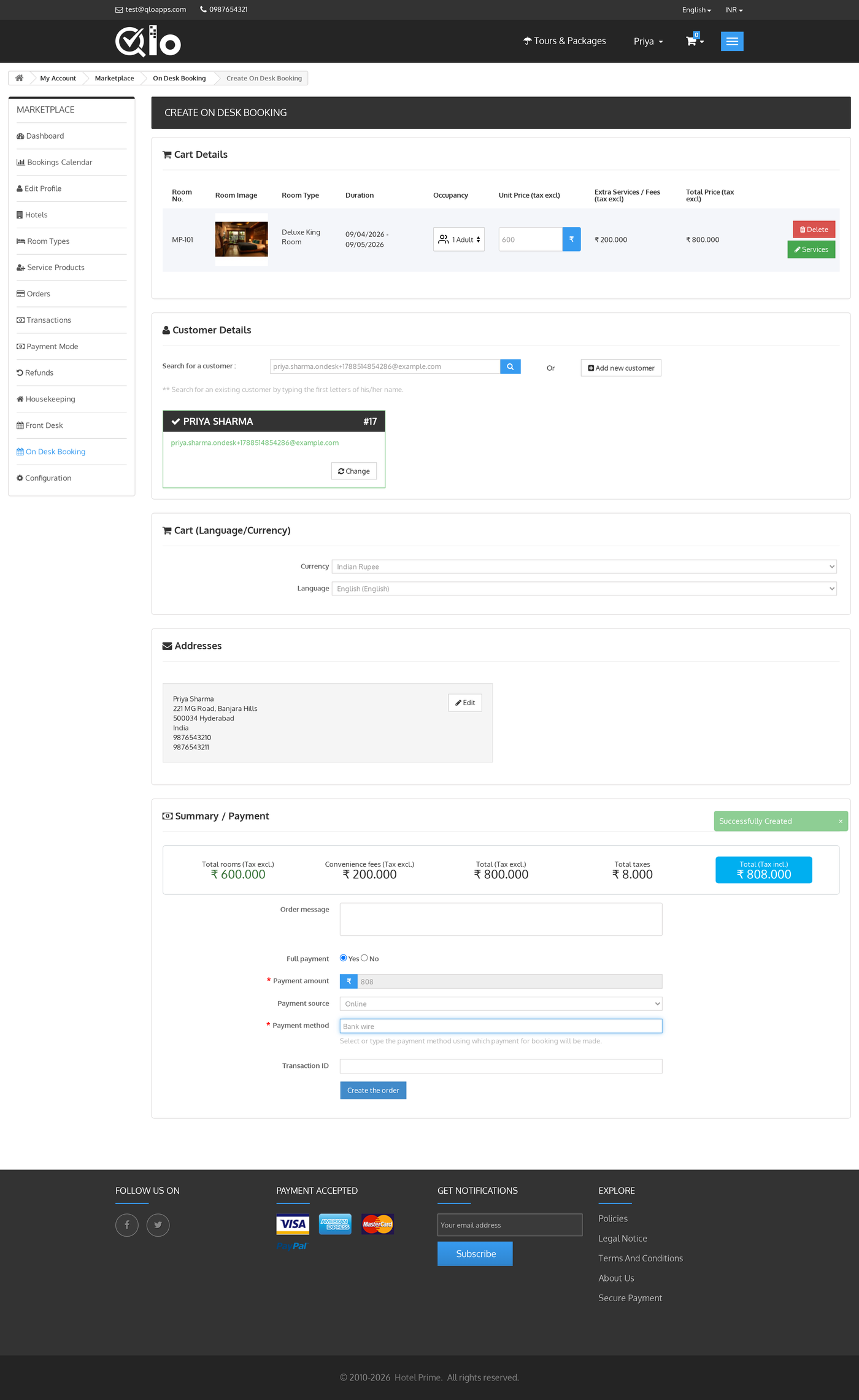 Entering payment details to create the order