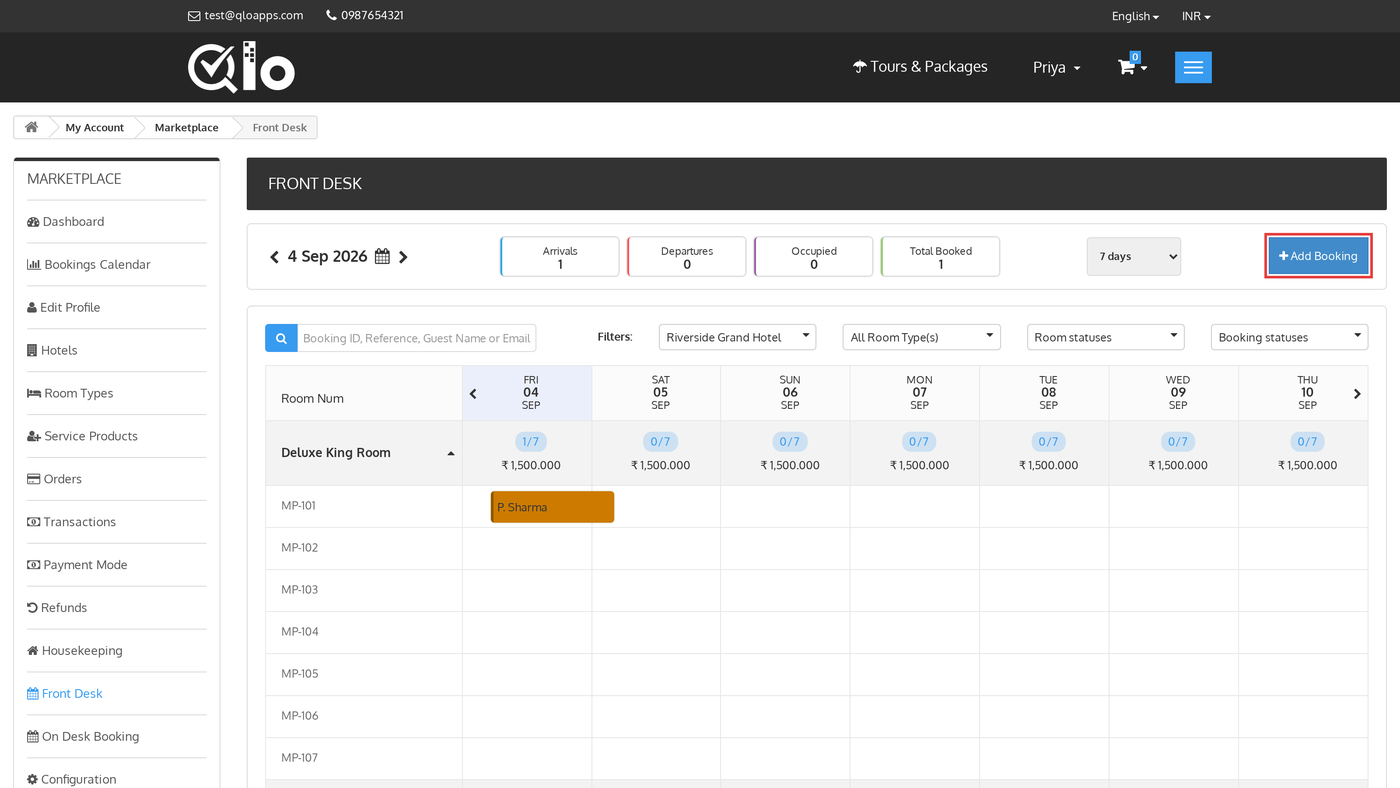 Add Booking button on the Front Desk screen