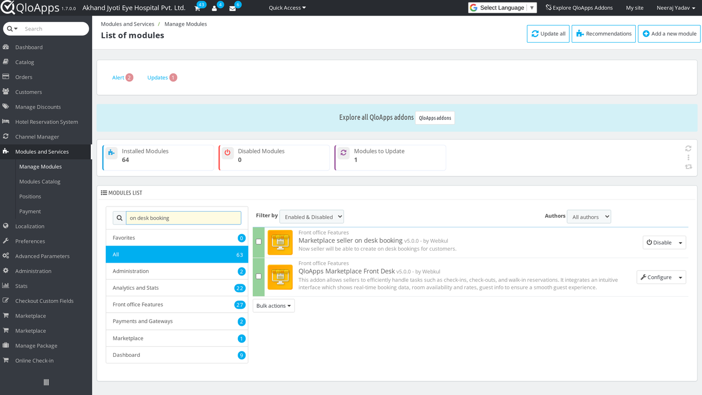QloApps Marketplace On Desk Booking installed, with only a Disable action