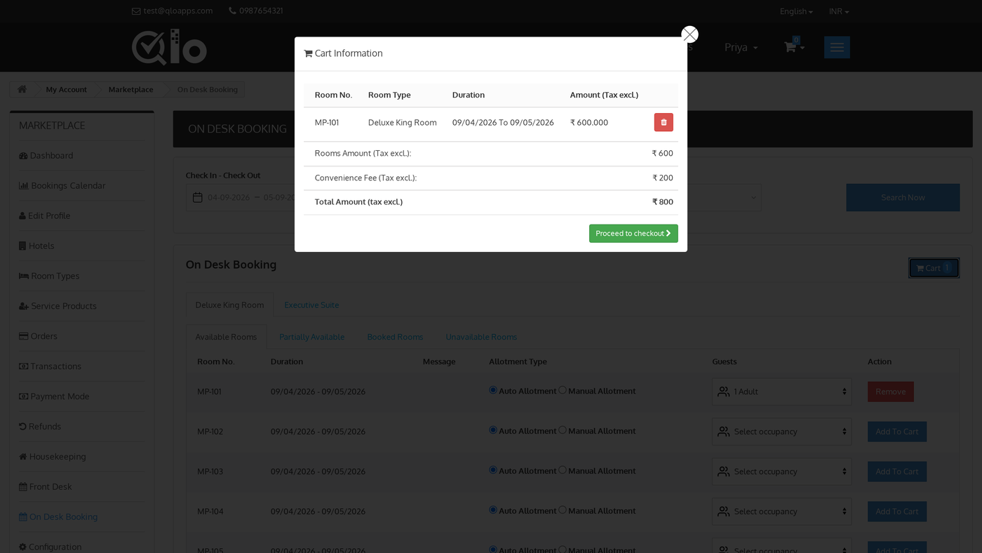 Cart Information for the on-desk booking