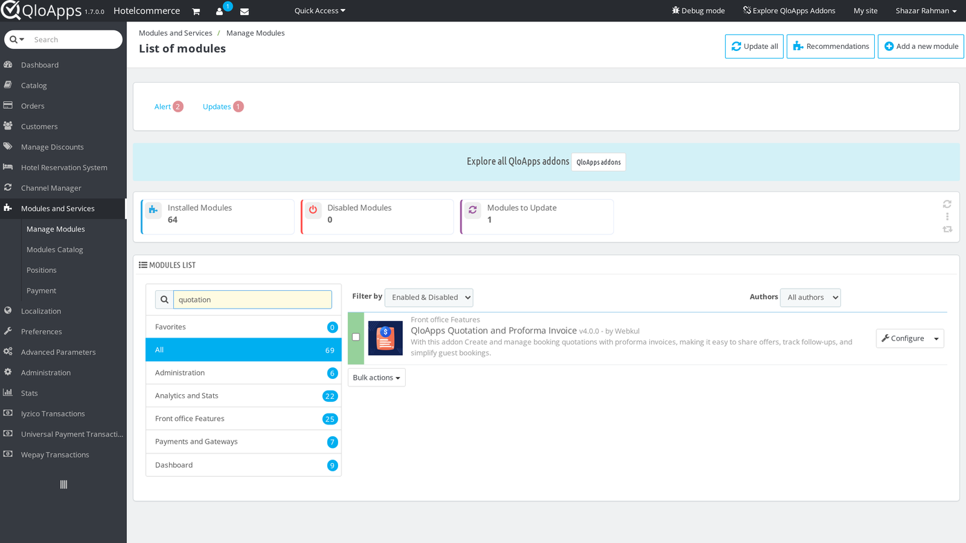 Installing QloApps Quotation and Proforma Invoice in Modules and Services