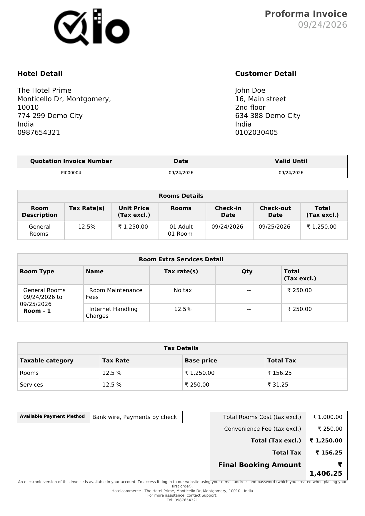 Sample generated proforma invoice PDF for guest booking